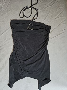 Black Ruched Strapless Pencil Top with Halter Tie